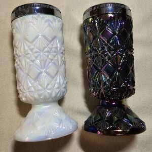 Fenton Iridescent Black & White Salt & Pepper Shakers Vintage Carnival Glass